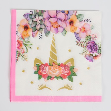 Paper napkins “Unicorn and flowers”, 33x33 cm, set 20 pcs., Pink color