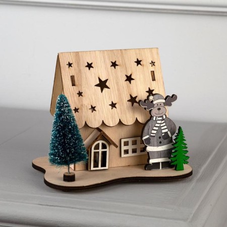 LED figure "House with deer" 11 × 15 × 3 cm, wood, batteries LR41x3, glow warm white-1