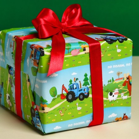 Glossy packaging paper, "in the fields", blue tractor, 70x100 cm-4