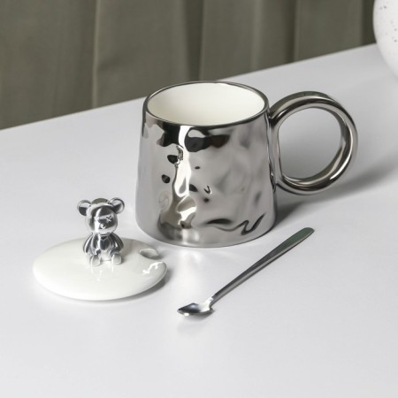 Ceramic mug with a spoon "Stylish Bear", 320 ml, silver color-2