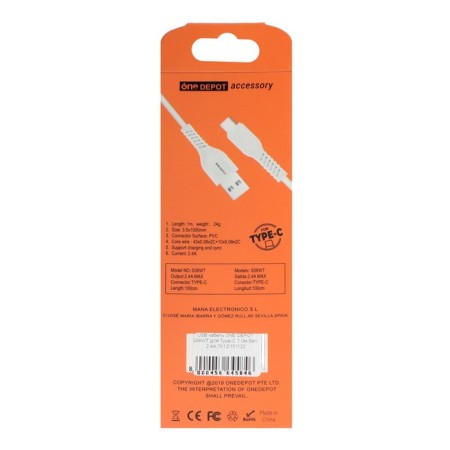 ONE Depot S08WT, Type -C - USB, 2.4 A, 1 m, white cable-4