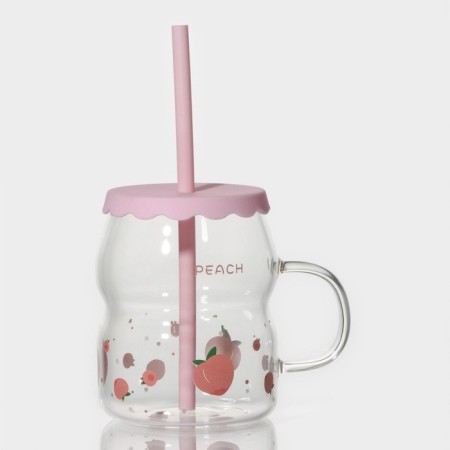 Glass mug with silicone lid and pipe "Frutis", 400 ml, color mix
