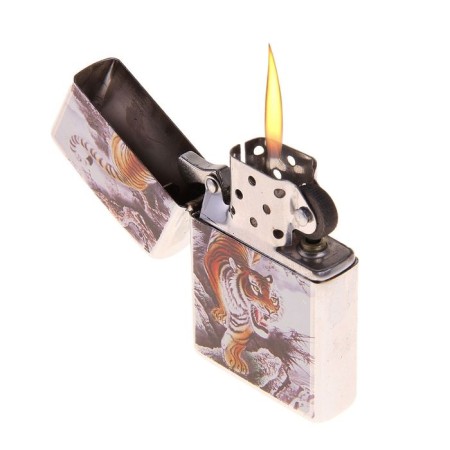 Lighter "Wise Tiger" in a metal box, silicon, gasoline, 6x8 cm-1