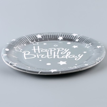 Paper plate “Happy Birthday”, stars, set 6 pcs in the set, 23 cm, silver color-1