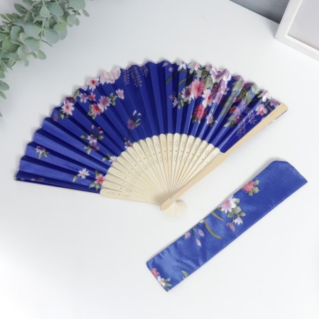 Fan bamboo, textile h = 21 cm "flowers" with a cover, blue