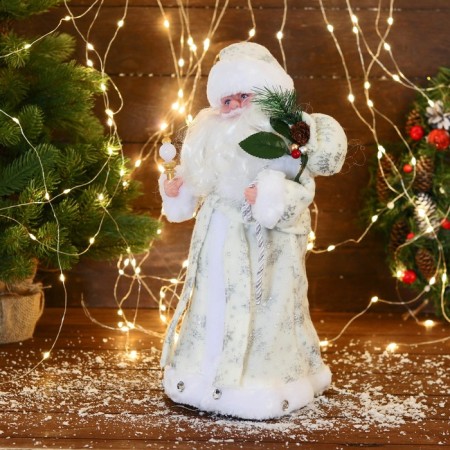 Santa Claus "in a white fur coat with gifts" moves, with backlight, 38 cm-3