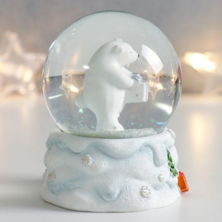 Souvenir Polystone Water Ball "White Bear with a gift" White with silver 7x6.7x8.8 cm-1