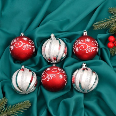 Set of balls plastic D-6 cm, 6 pcs "Beata Patterns" silver-red