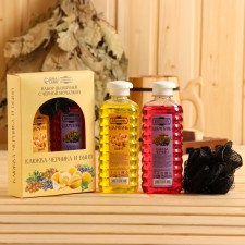 A set of shampoos with a black washcloth 