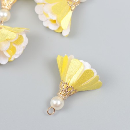 Decor Textile "Flower 2 colors with pearls. Yellow and white" set 6 pcs 3 cm-1