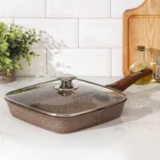 Granite Grill pan, 26 × 26 cm, removable handle, glass cover, anti-stick coating, brown color