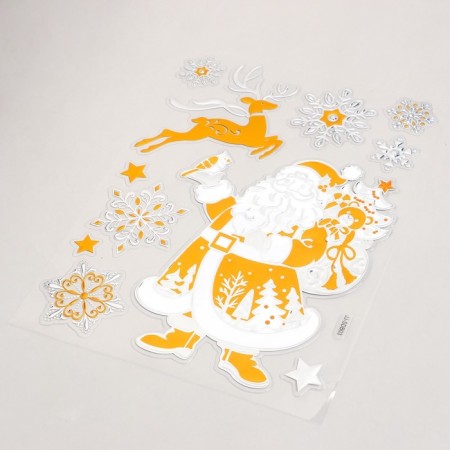 Plastic sticker "Santa Claus with gifts and deer" silver-gold 24x33 cm-1