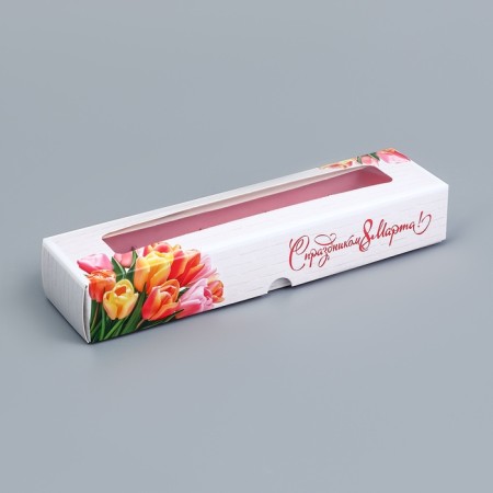 Box for 5 sweets with a shell, with the window "March 8", 21 x 5 x 3.3 cm. Confectionery packaging-1