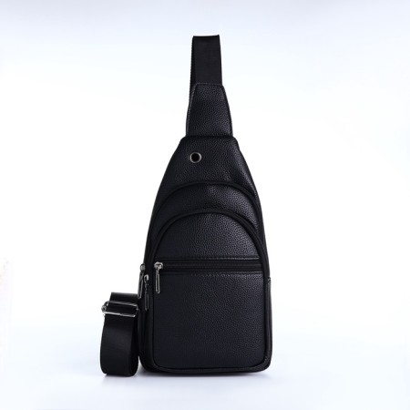Male sling bag, artificial leather, headphone opening, black color-2