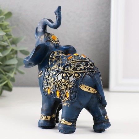 Souvenir Polystone "Blue Elephant in Popon with a golden pattern and mirrors" 14x7x11 cm-2