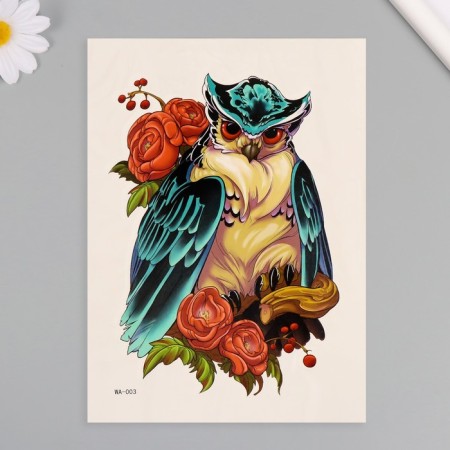 Tattoo on the body color "owl in peony" 26.1x14.6 cm-1
