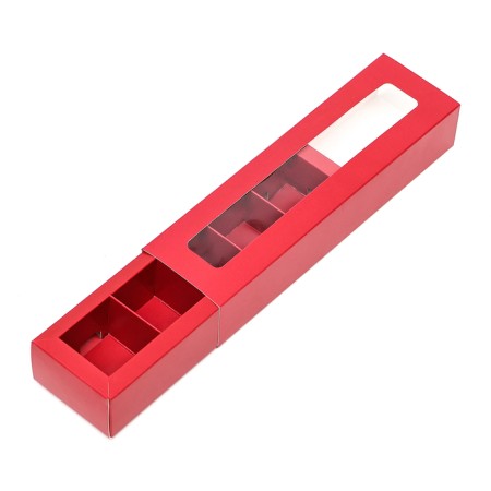 Box for 5 sweets with a shell, with a window, with thin dividers, red 20*5.5*3.5-3