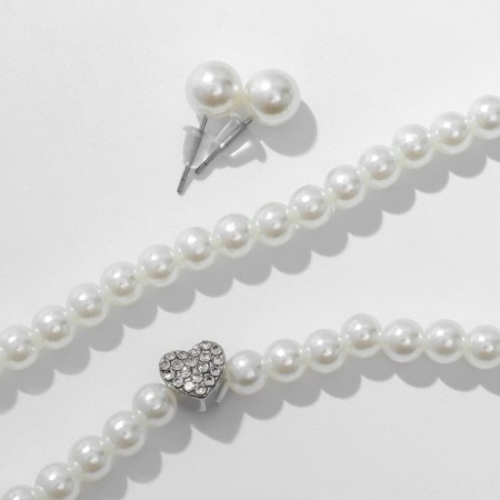 Set 3 objects: earrings, beads, bracelet "pearls" heart, white color in silver, 45 cm-1