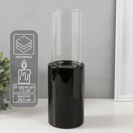 Ceramics candlestick, glass for 1 candle "chrome" d = 7.5 cm black 9.2x9.2x29.5 cm