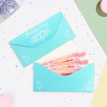 Money envelope "Wedding Day!" rings, turquoise background, 16x8 cm-1