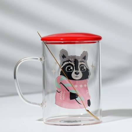 Glass mug with a spoon and lid "Raccoon", 470 ml-6