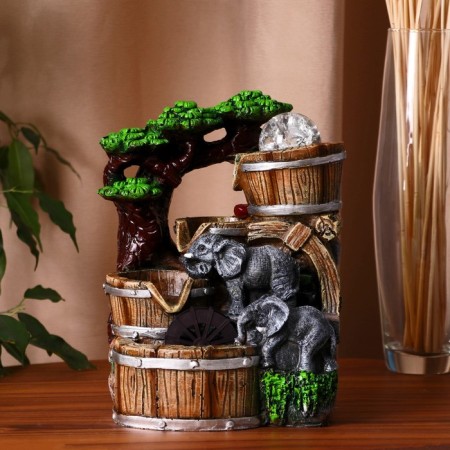 Fountain "Elephants under the tree, barrels" 12x15x24 cm (with backlight)