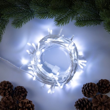 Garland “thread” 10 m, IP44, UMS, white thread, 100 LED, white glow, flickering all LEDs, 24 V