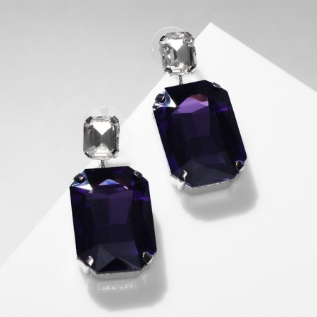 Earrings with rhinestones "Jewelry" Squares white-purple color in silver-2