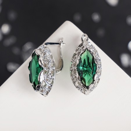 Earrings with rhinestones "Edel" Ellipse openwork, emerald color in silver-1