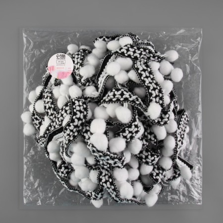 Decorative braid with pompons, 15 mm, 8 ± 0.5 m, black/white color-2