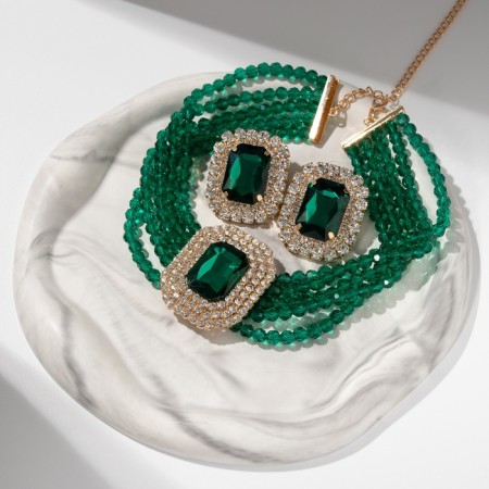 Set 2 items; Earrings, necklace “luxury” large stone, green color in gold, 42 cm-3