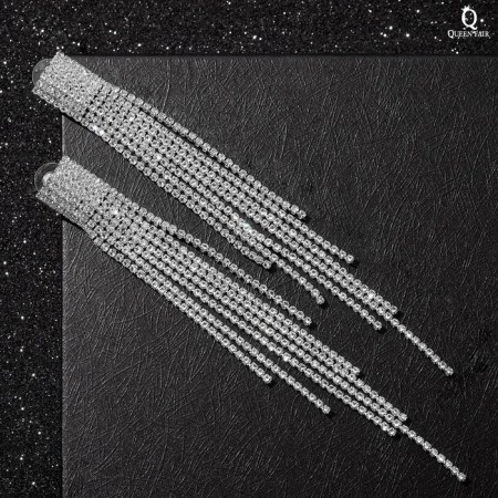 Hanging earrings with rhinestones "Waterfall" mini square, white color in silver, 14 cm-1