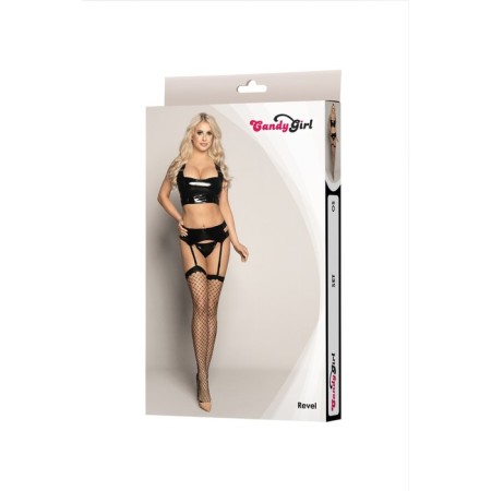 Candy Girl Revel: Top, Stocking Belt, Thong, Stockings, OS Size, Black Color-4