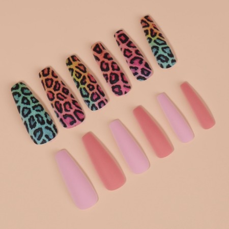 Follow nails "Bright leopard", 12 pcs, with adhesive plates, ballerina form, multi -colored-2