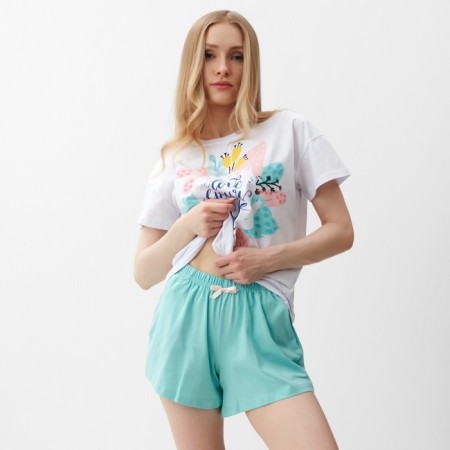 Female homemade set (T-shirt, shorts), mint color with flower, river 52-4