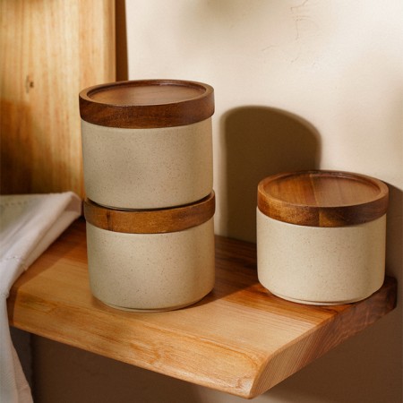 A set of ceramic cans for bulk products on the SL Home Stone Forest stand, 4 items: 3 banks 220 ml, stand-1