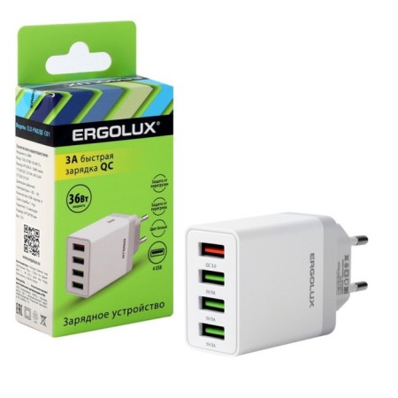 Network charger QC Ergolux ELX-RA02QC-C01, 4 USB, 3A, 36W, fast charging, white-1
