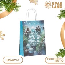 Новый год. Пакет бумажный подарочный новогодний крафт "Шишки в снегу" 18 х 8 х 25 см.
