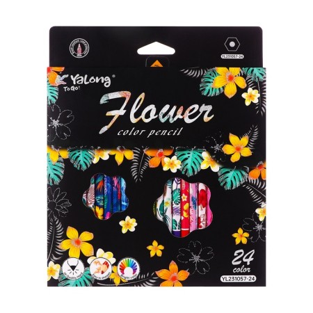 Pencils 24 colors in a cardboard box, hexagonal, wooden, flowers on a black mix-5