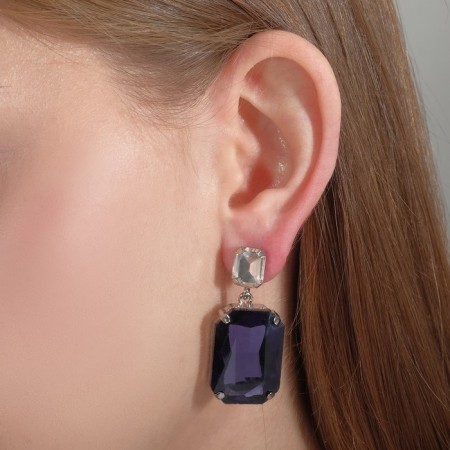 Earrings with rhinestones "Jewelry" Squares white-purple color in silver