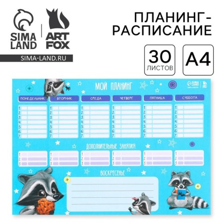 Planning schedule of A4 schoolboy, 30 sheets "Raccoon"