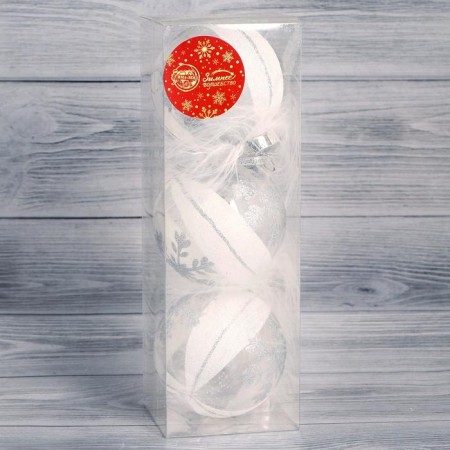 Set of balls plastic D-8 cm, 3 pcs "Galata Snowflake" silver-white-1