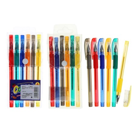 A set of gel pens, 6 colors, with sparkles, with a rubber holder, in a blister