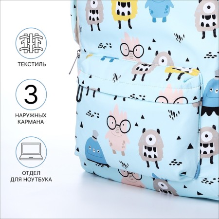 School backpack from textiles on a zipper, 3 pockets, pencil case, blue color-2
