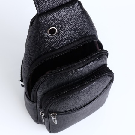 Male sling bag, artificial leather, headphone opening, black color-6