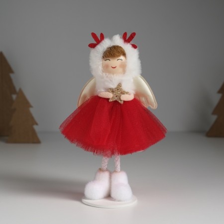 Interior doll "Angel in a red dress in a hat with deer horns" 5x5.5x16.5 cm