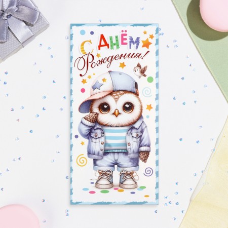 Money envelope "Happy Birthday!" owl, 8 x 16 cm-1