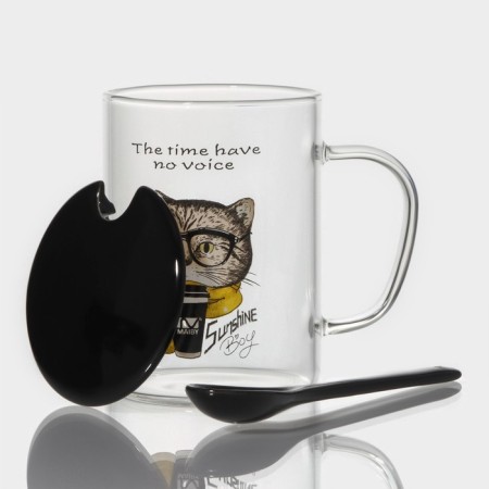 Glass mug with a ceramic lid and a spoon "Hipster", 450 ml, Mix drawing-8