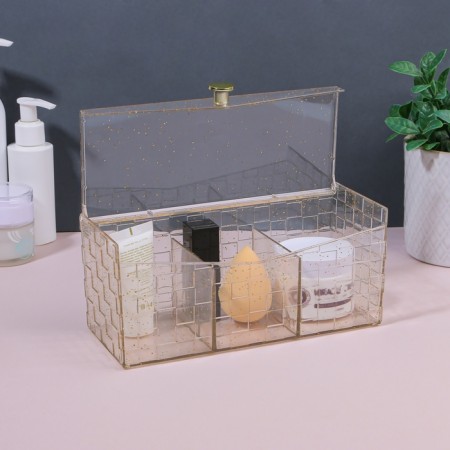 SHINE organizer for storage, with a lid, 3 sections, 21.5 × 8.8 × 9.5 cm, the color is transparent/golden-3