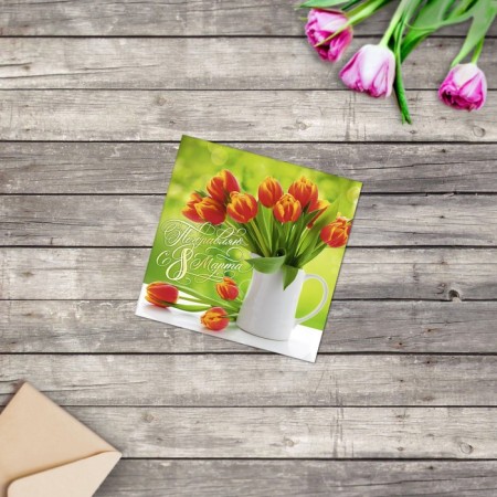 Mini Postcard from March 8, tulips bouquet, 7 x 7 cm